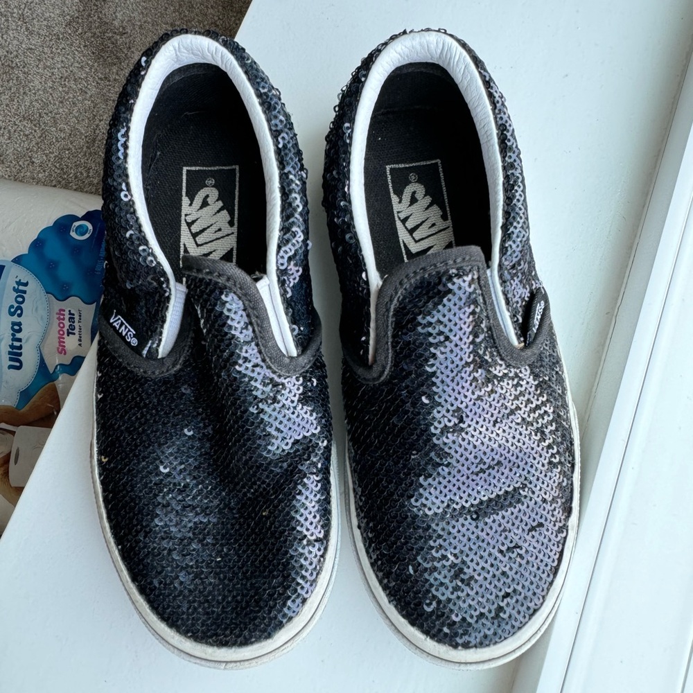 Vans Kids Black Sequin Slip-On Sneakers with White Trim